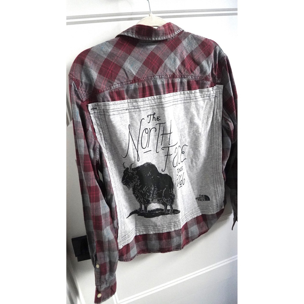 100% cotton Upcycled North Face Custom Flannel Shirt Red Grey Plaid Arizona Jean
